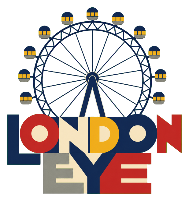 Retro London text with a stylized London Eye ferris wheel graphic above.
