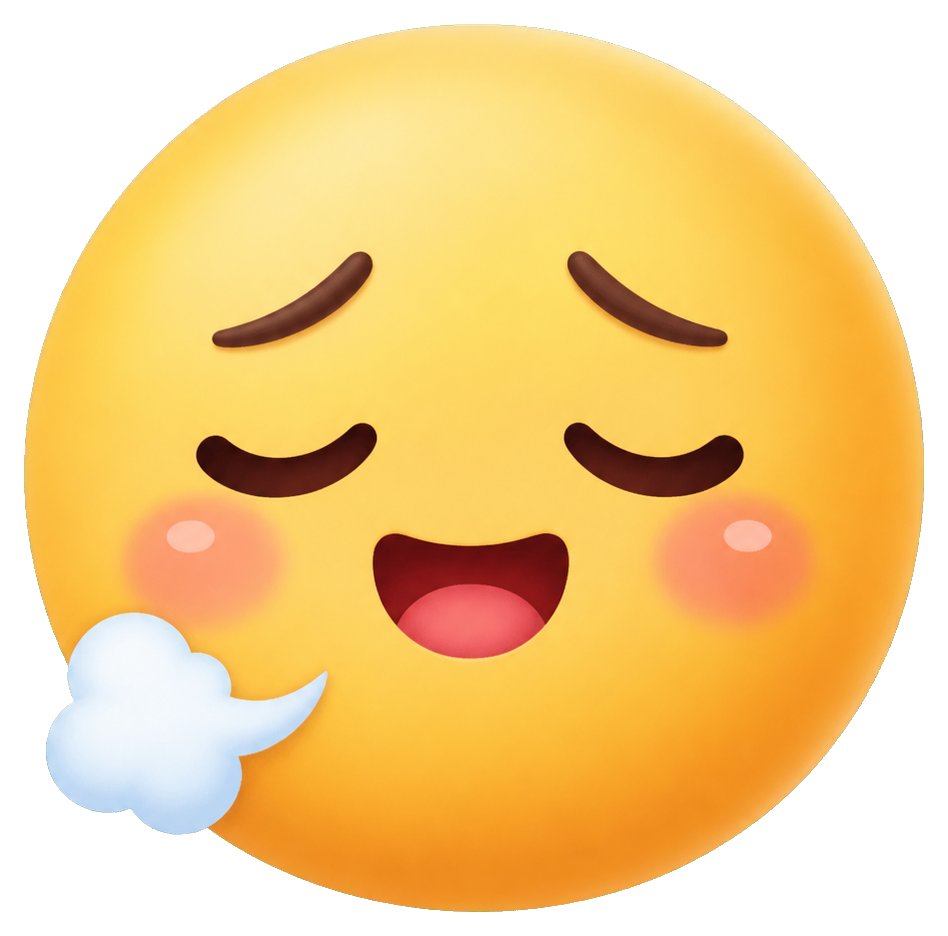 Yellow relieved face emoji with closed eyes, blushing cheeks, and a small puff of breath
