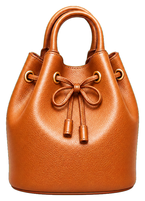 Caramel leather bucket bag with rounded handles and a tied front bow