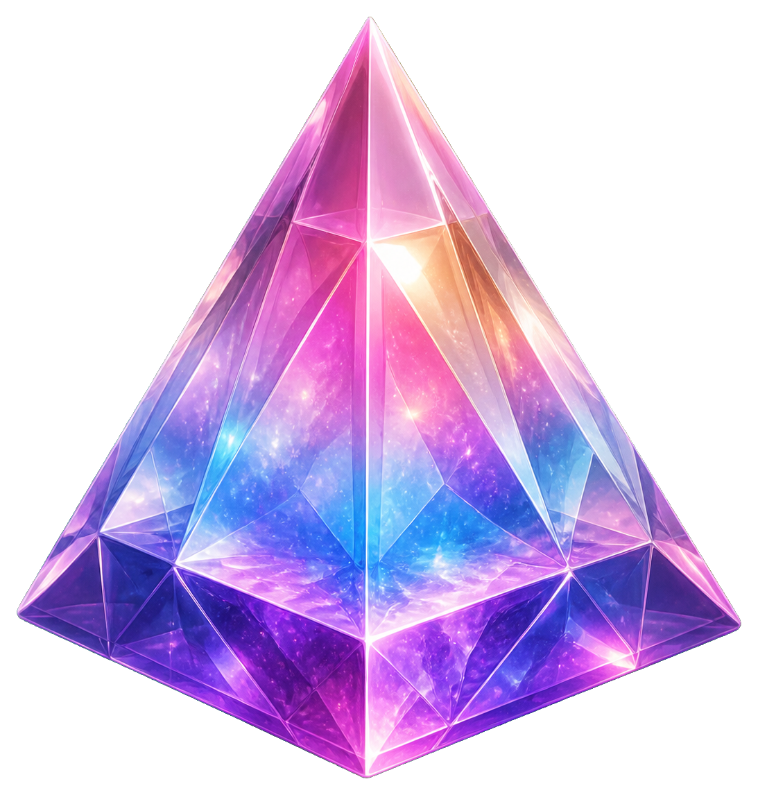 Glowing pink and blue faceted crystal pyramid with a bright magical shine.