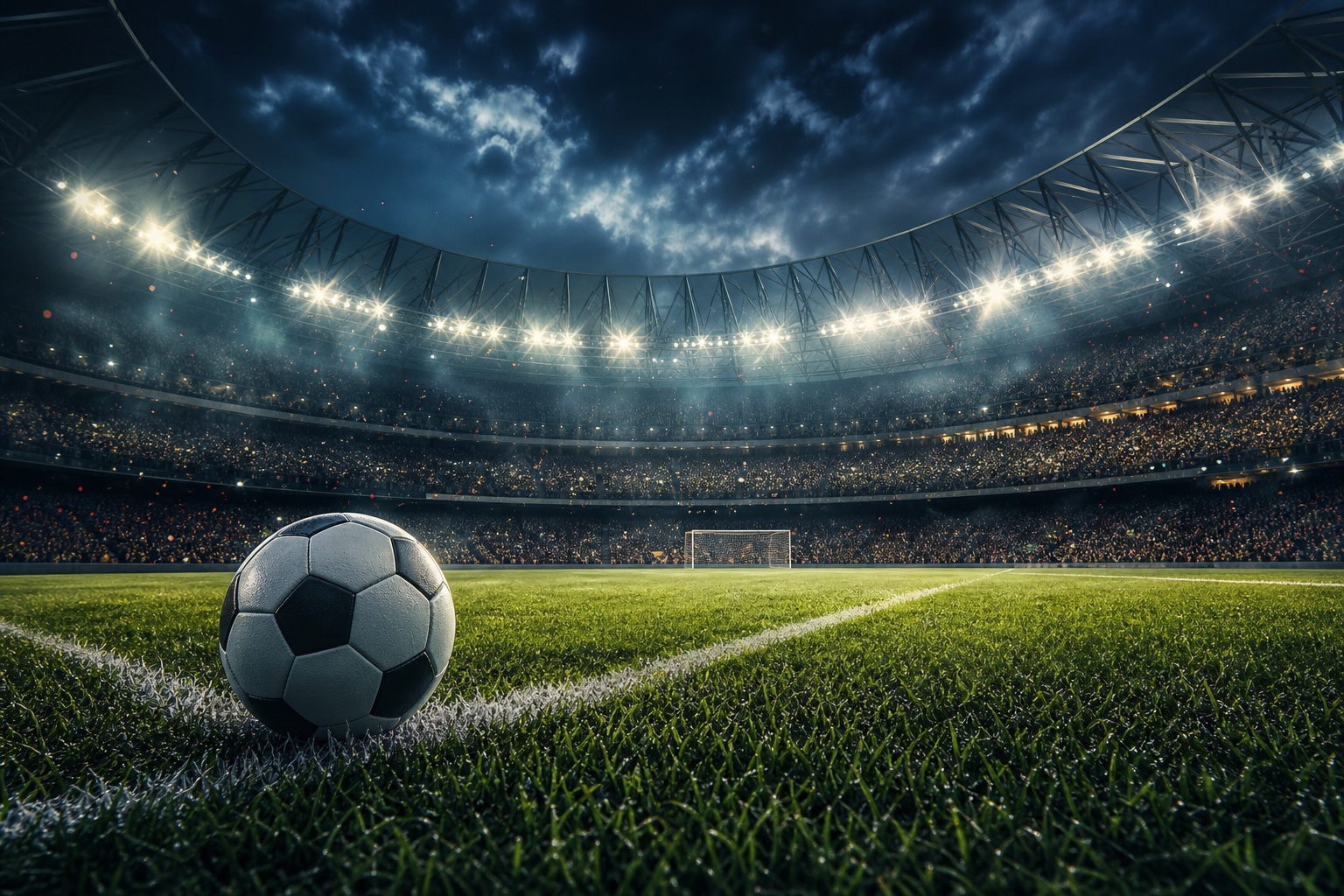 Soccer ball on turf in an empty stadium under bright lights