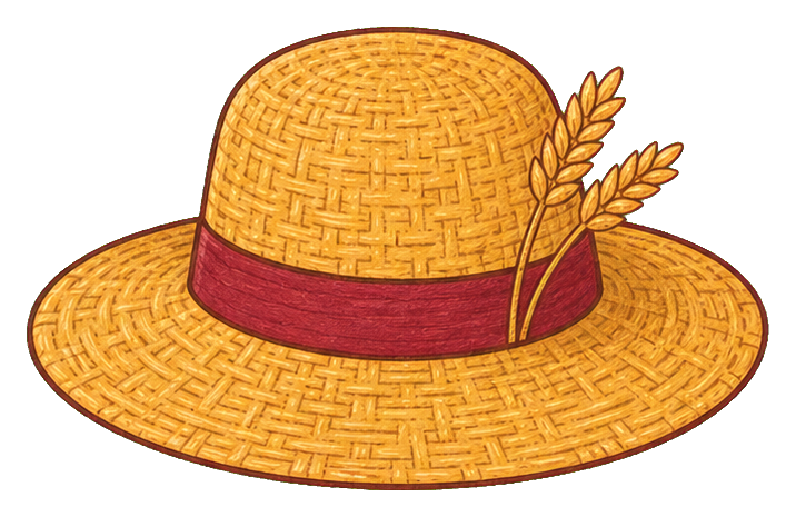 Woven straw hat with a red band and wheat sprig decoration