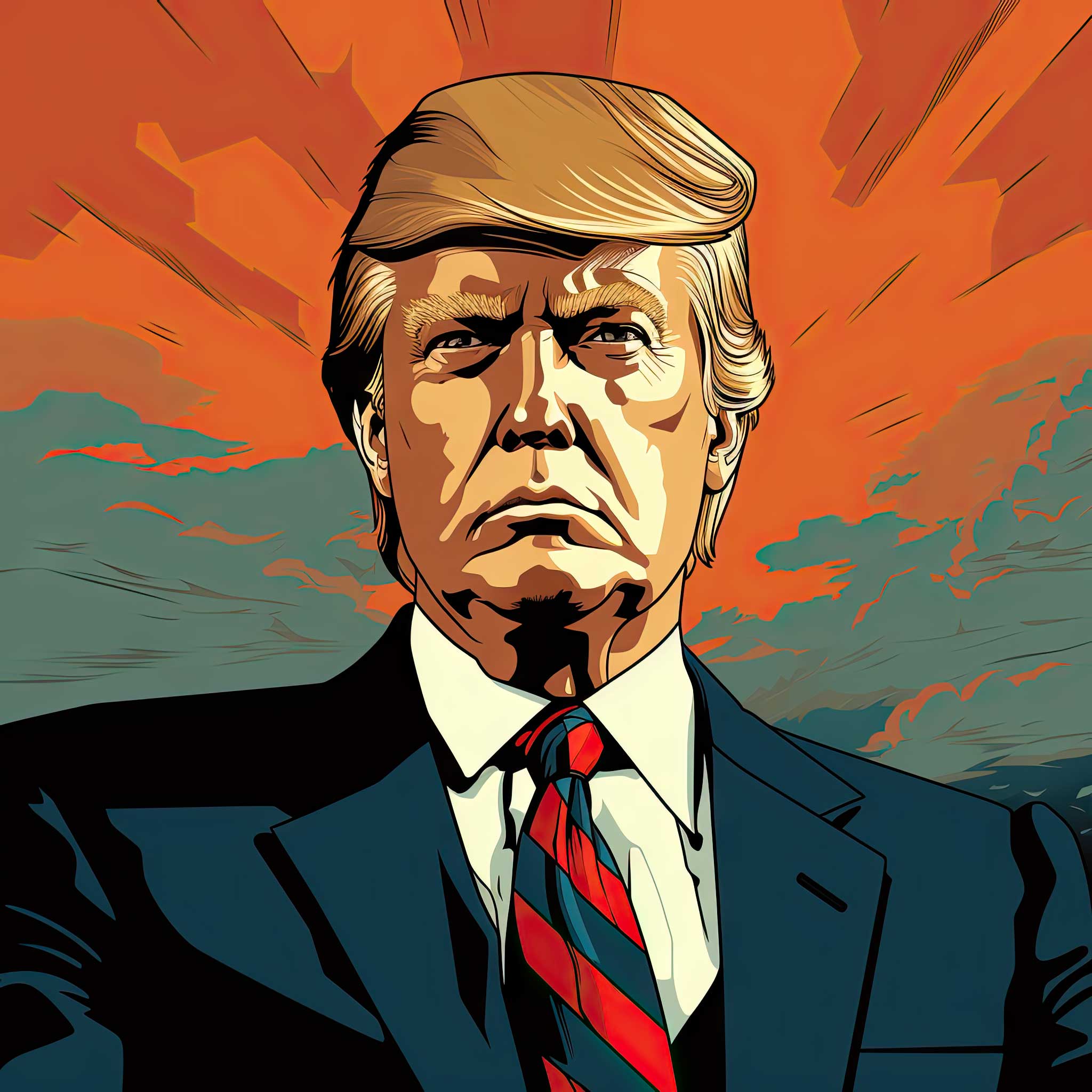 Stylized portrait of Donald Trump in a suit with an orange graphic background.