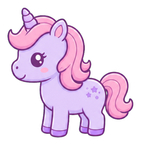 Lilac baby unicorn with a pink mane, tail, and tiny star accents.