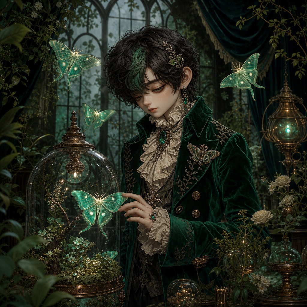 Gothic character holding a glowing green moth among ornate lanterns and foliage