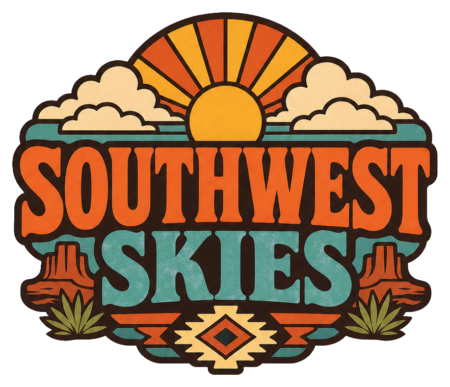 Retro Southwest Skies text sticker with sun, clouds, and desert accents
