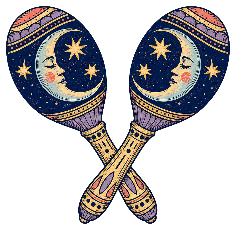 Two crossed maracas decorated with crescent moons, stars, and ornate patterns