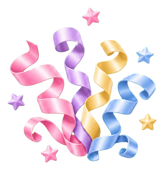 Colorful pink, purple, gold, blue, and star-shaped party streamers on black background