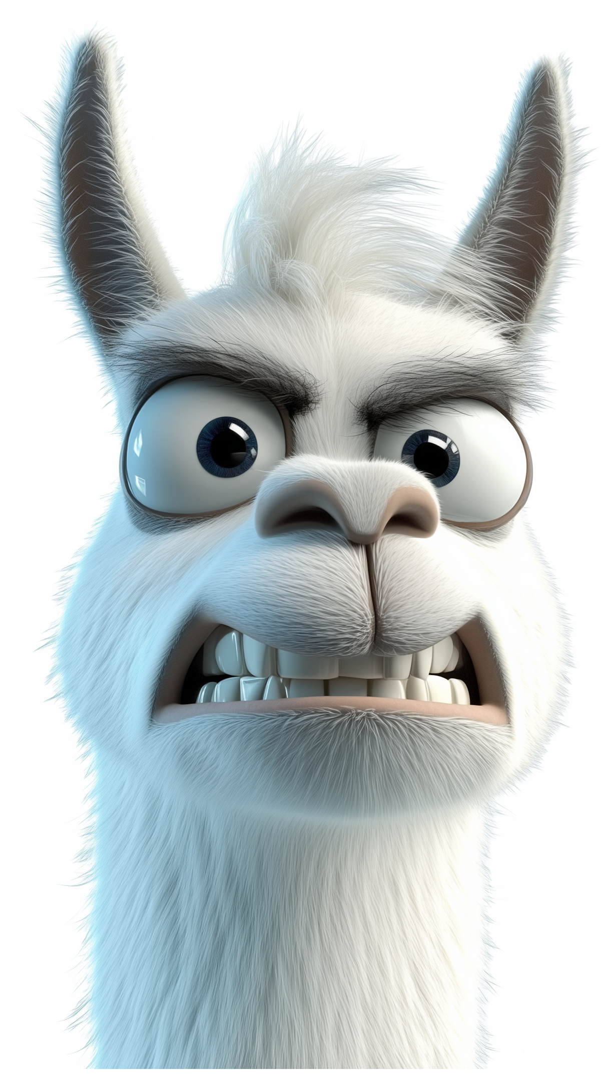 Angry cartoon llama face with big eyes and fluffy white fur.