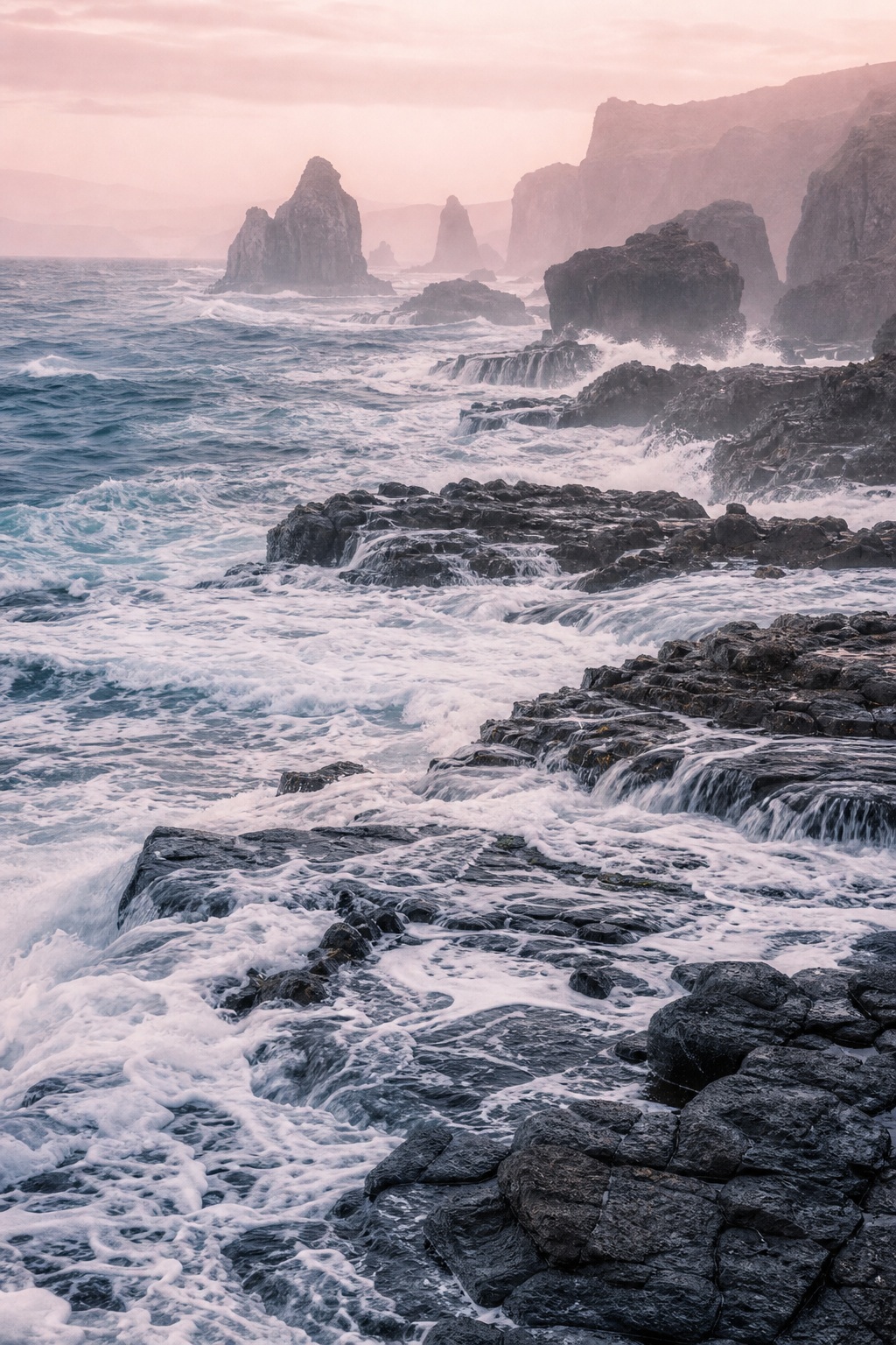 Foamy waves crashing over a rocky basalt coast with distant sea stacks in pink dawn haze