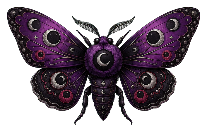 Purple gothic moth with dark wings, curled body, and circular eye spots.