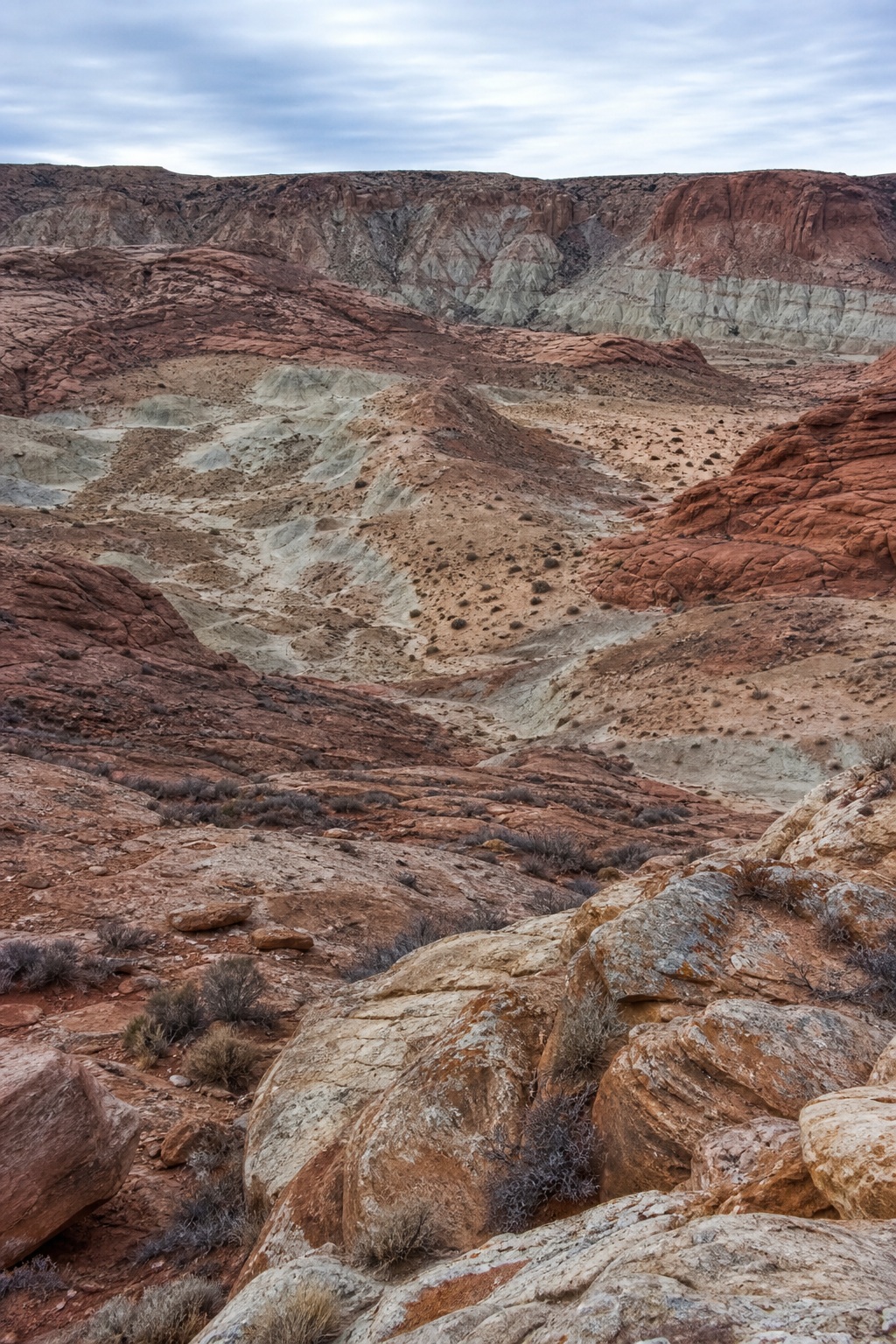 Weathered red rock canyon basin with layered sandstone ridges under cool winter light