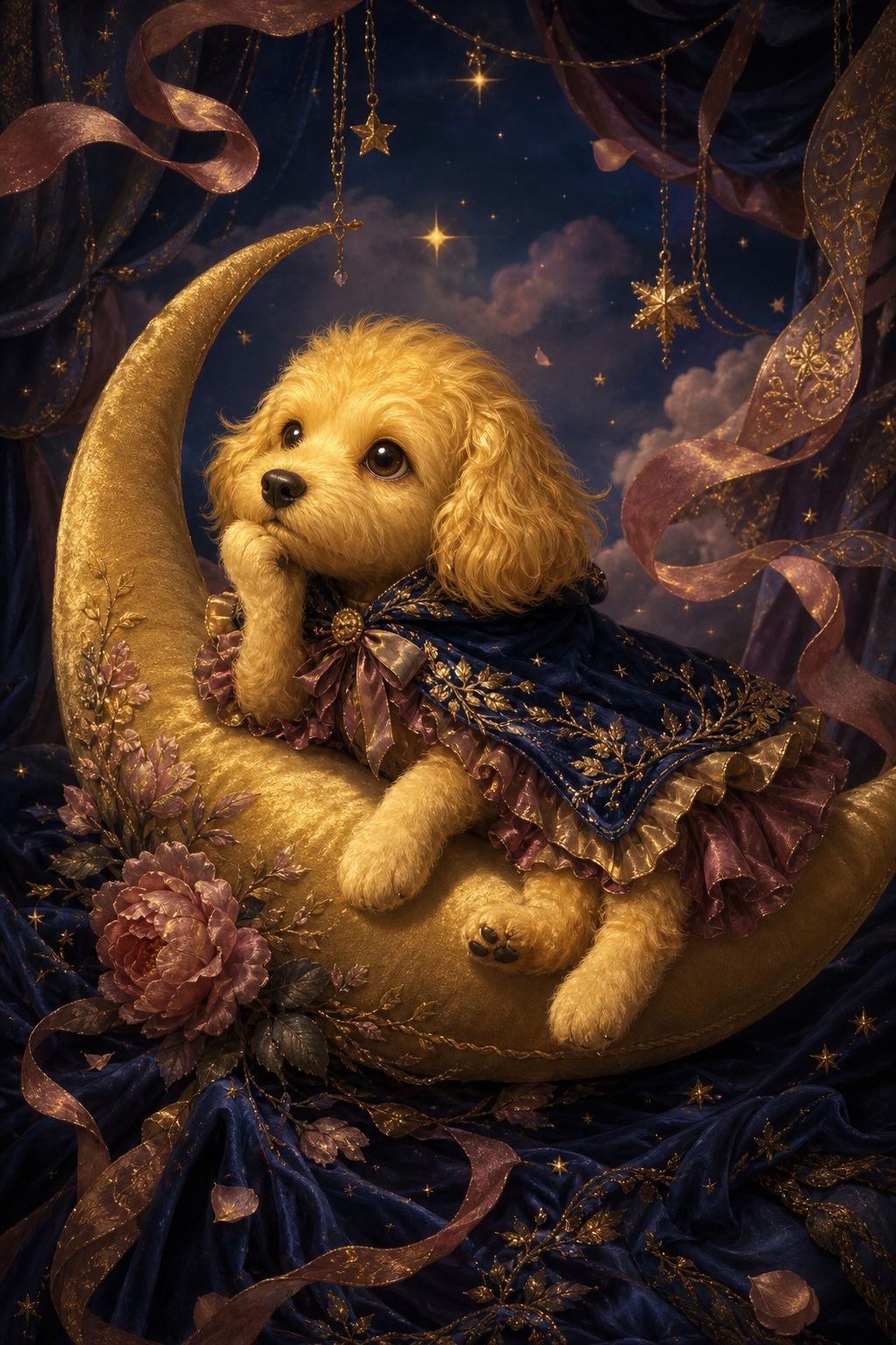 Golden puppy resting on a crescent moon with stars and dark floral ribbons