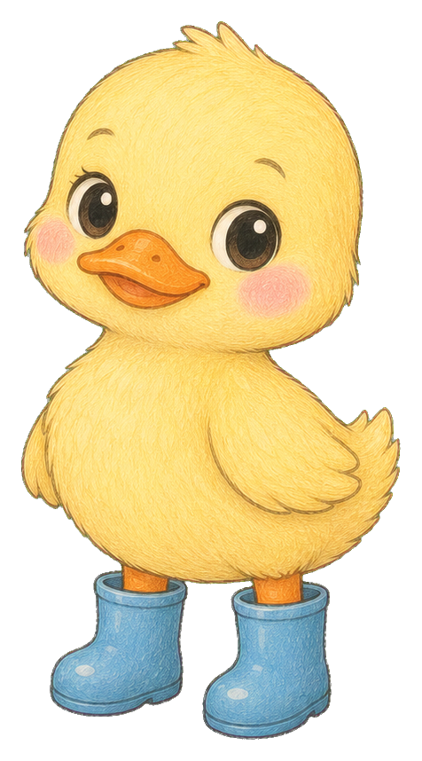 Cute yellow duckling wearing blue rainboots with rosy cheeks.