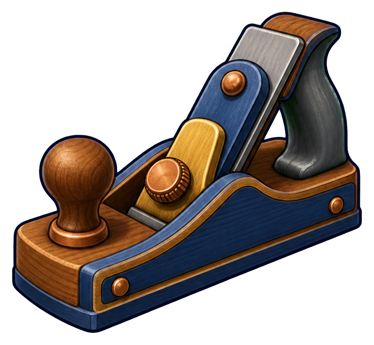 A wooden hand plane tool with dark blue body and orange knobs on a white background