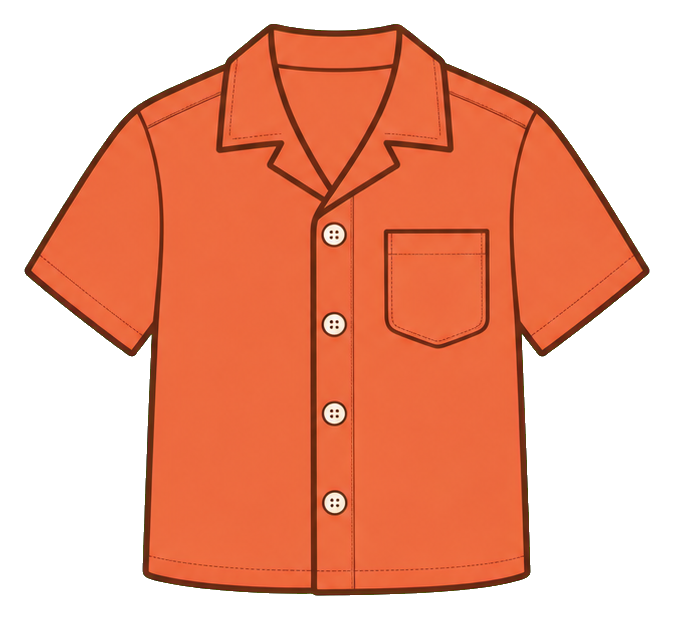 Coral short-sleeve camp shirt with cream buttons and chest pocket