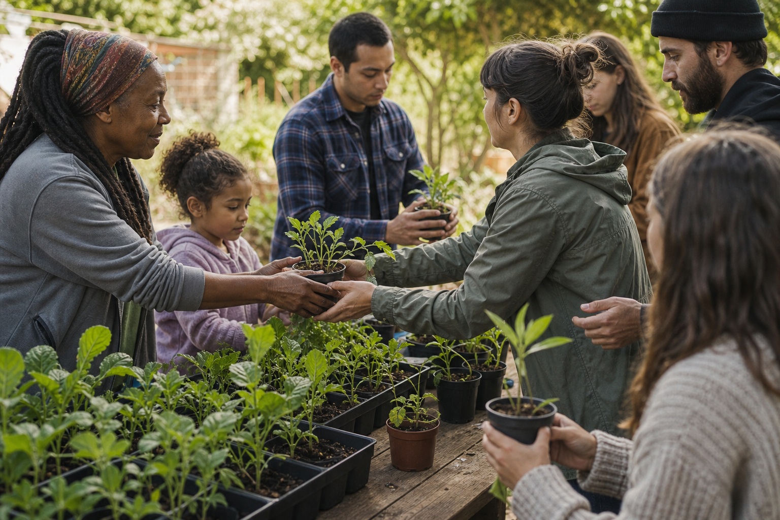 Volunteers gathered around a table of seedlings in a community garden
