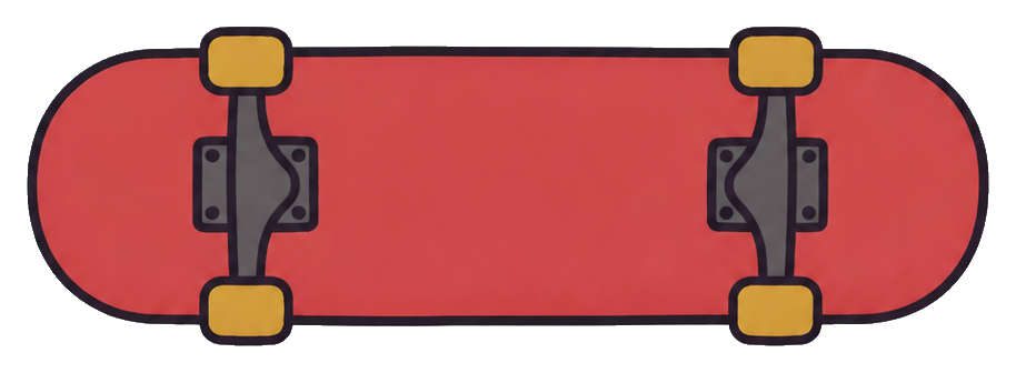 Minimal red skateboard sticker with yellow wheels and black trucks