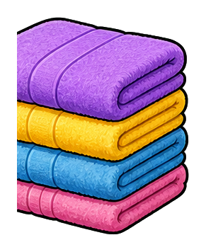 A colorful stack of folded towels in purple, yellow, blue, and pink.