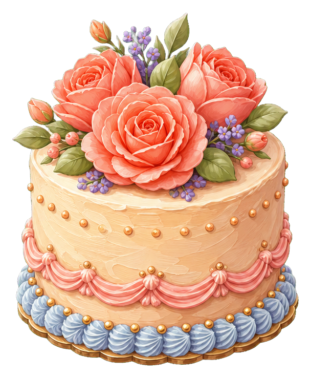 Decorative cake topped with pink roses and small flowers