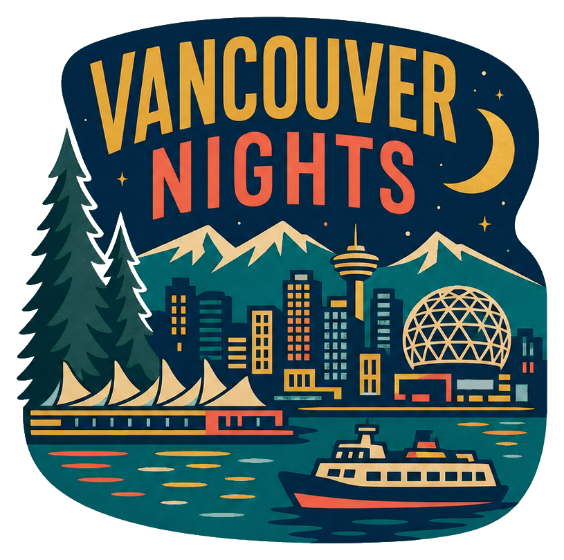 Retro Vancouver Nights sticker with moon, mountains, skyline, and ferry.