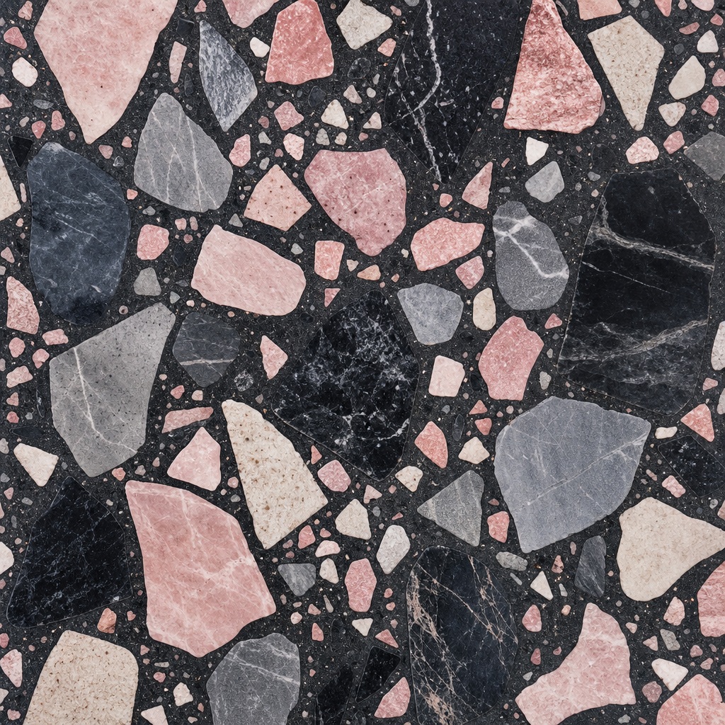 Black and pink terrazzo pattern with large mineral chips on a dark background