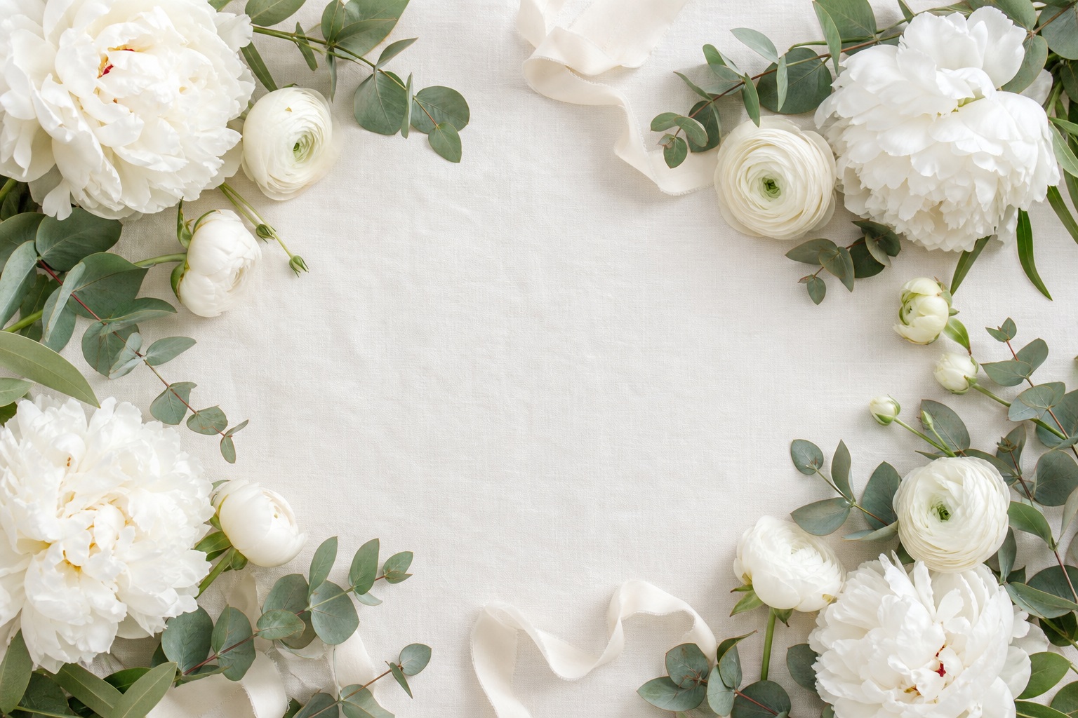 Neutral linen flatlay with white peonies and greenery around the edges