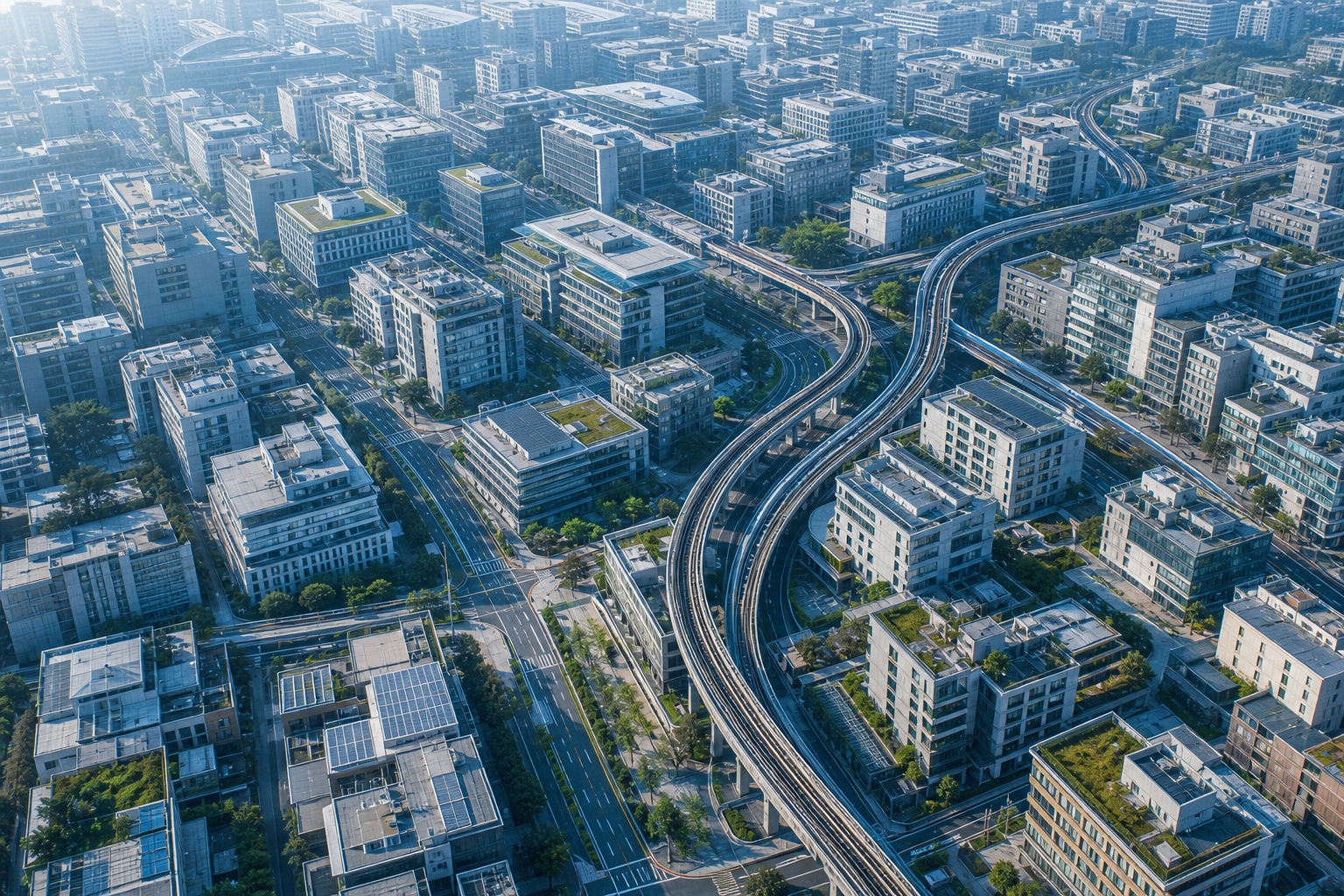 Aerial view of a modern city with curving transit lines and dense buildings at sunrise.