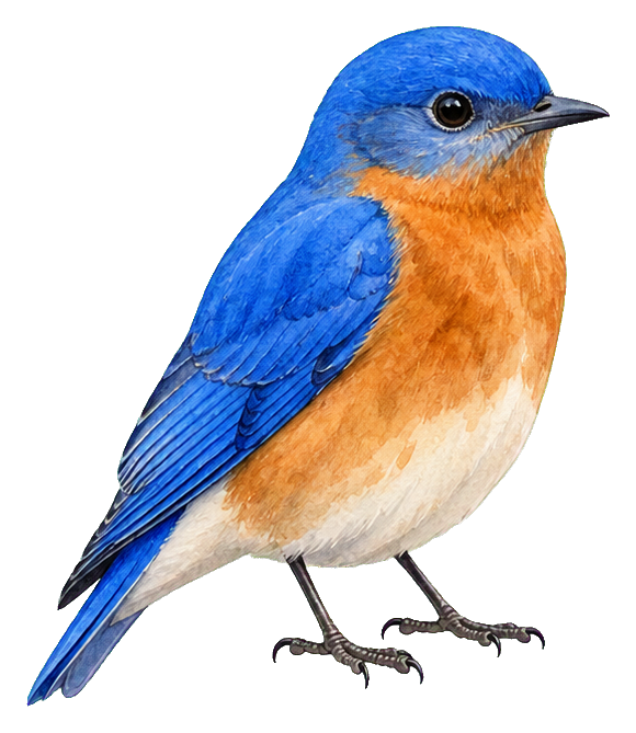 Blue watercolor bluebird with orange chest and black legs standing on a white background