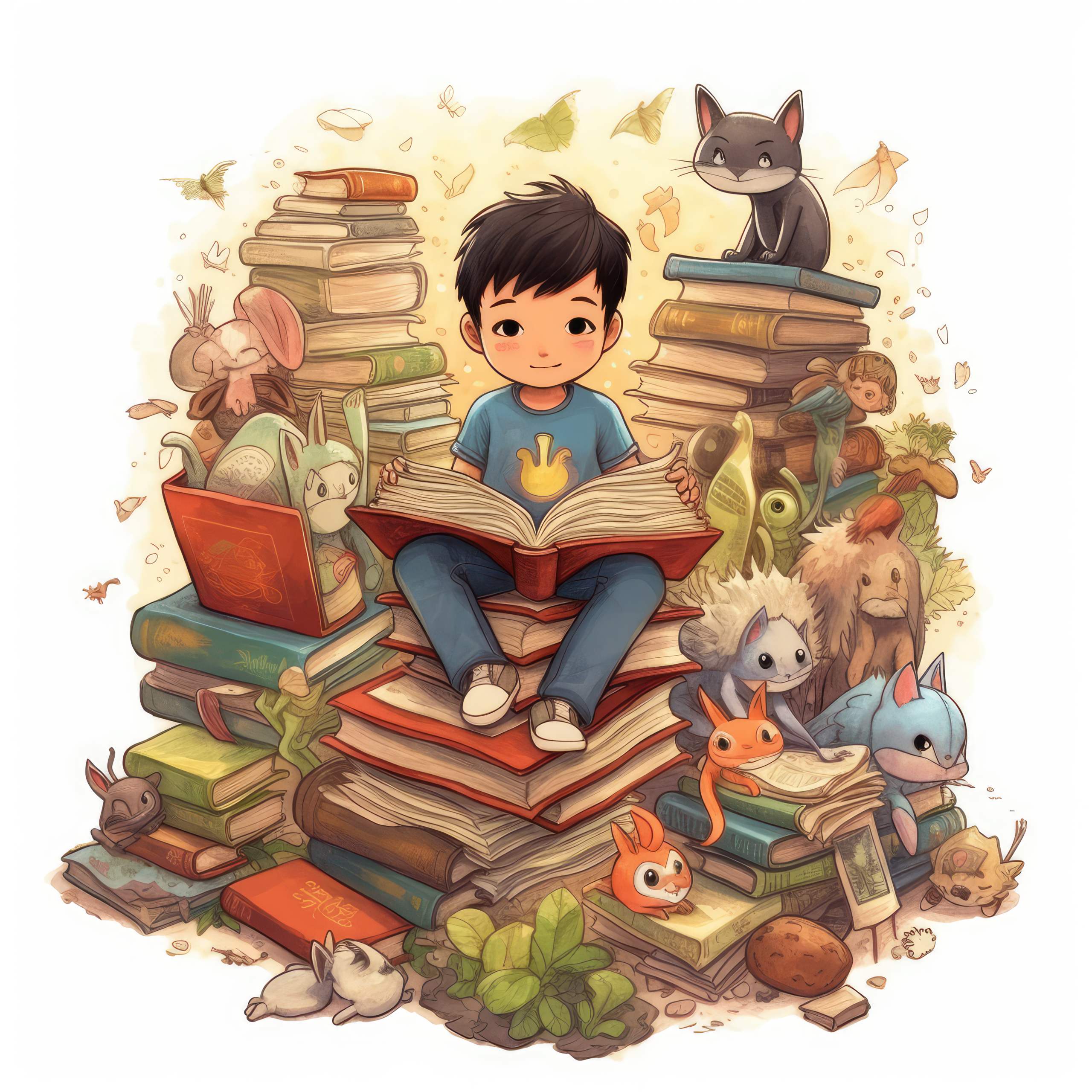 Preview for Boy-reading-among-books-art-background-23724