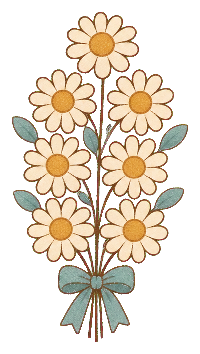 Cream daisy bouquet with dusty blue ribbon and leafy stems