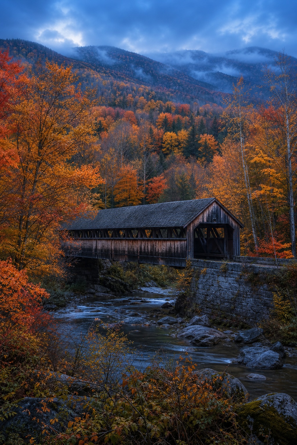 Covered bridge beside a river in a colorful autumn hillside landscape at twilight.