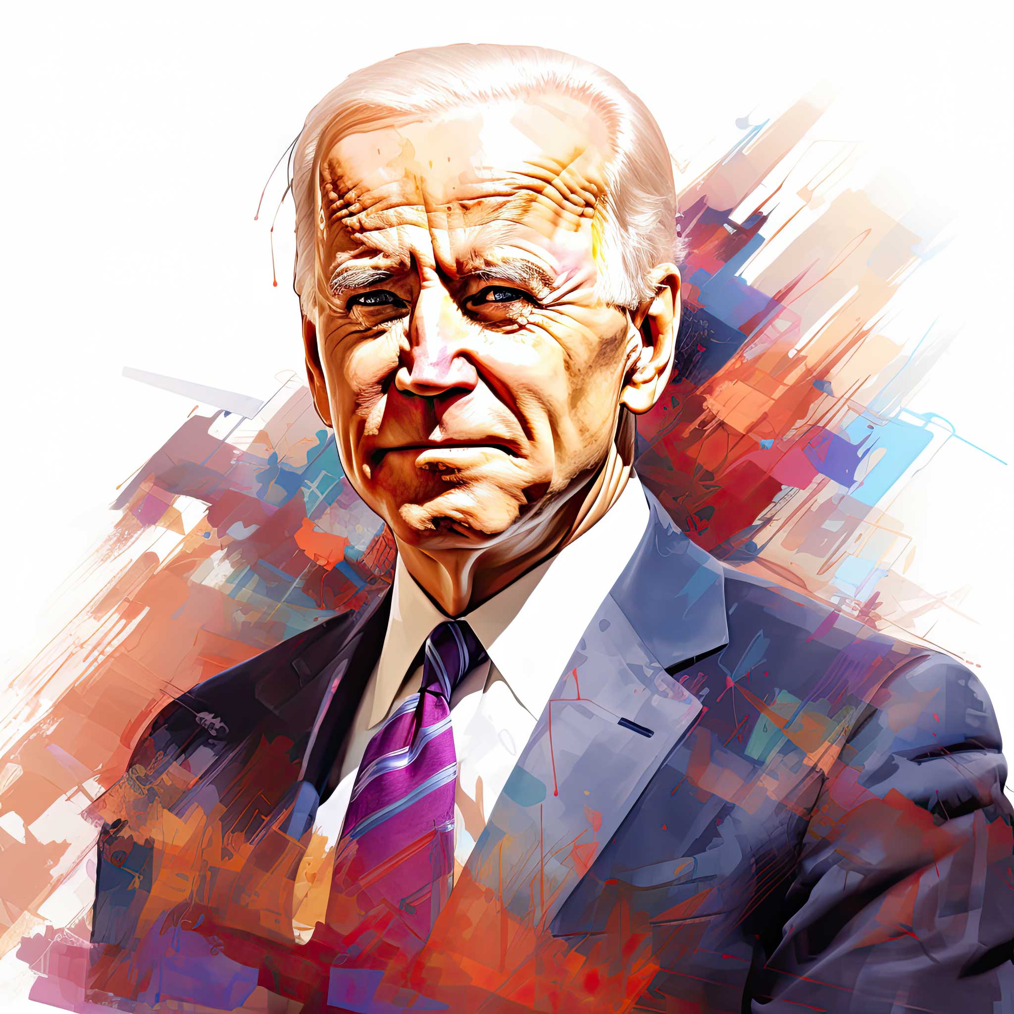 Stylized portrait of Joe Biden in a suit with colorful abstract brush strokes.