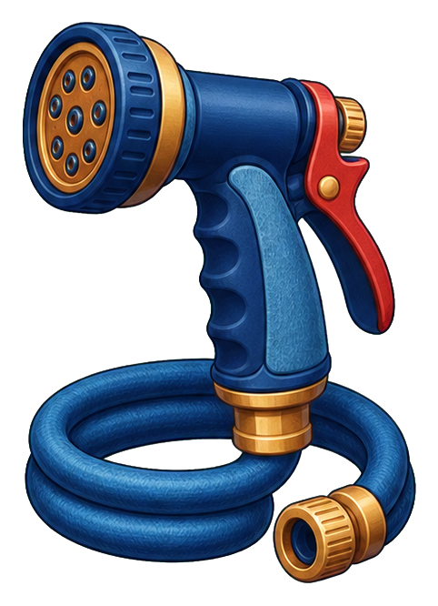 Blue garden hose nozzle with coiled hose and brass fittings