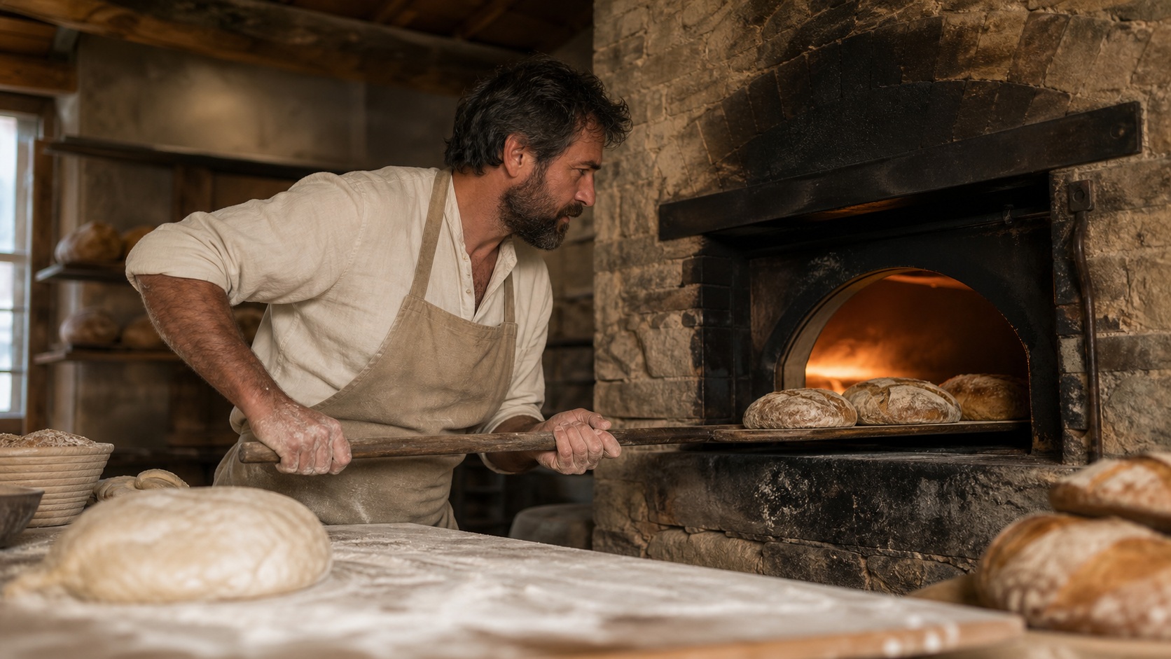 Baker working beside a glowing wood-fired oven with bread dough in a rustic bakery.