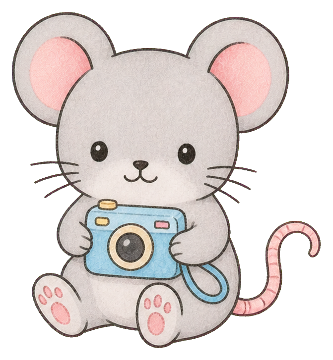 Cute kawaii mouse holding a small blue camera while sitting with a curled tail.