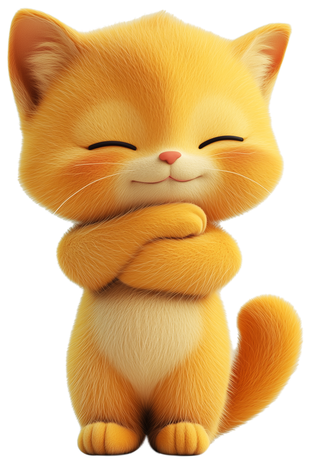 Smiling orange cartoon cat with closed eyes and crossed paws
