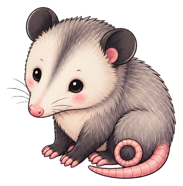 Cute pastel opossum with pink tail sitting and facing forward