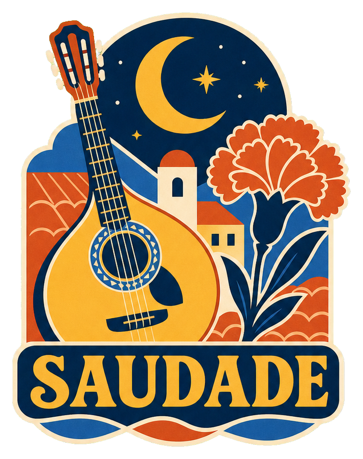 Illustrated Lisbon sticker with guitar, skyline, flowers, moon, and the word Saudade.