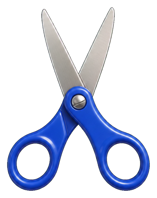 Blue scissors with silver blades and rounded blue handles on a transparent background.