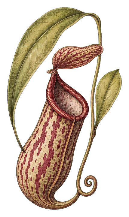 Vintage botanical illustration of a pitcher plant with curling tendrils and striped pitcher.