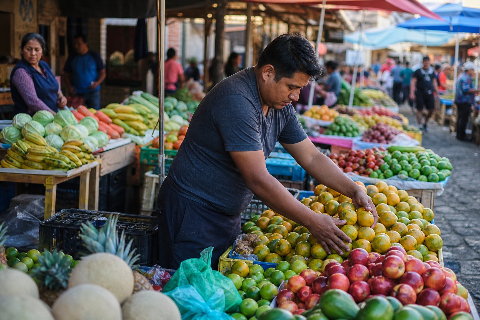Vendor arranging fruit at a busy morning street market with produce stalls and shoppers.