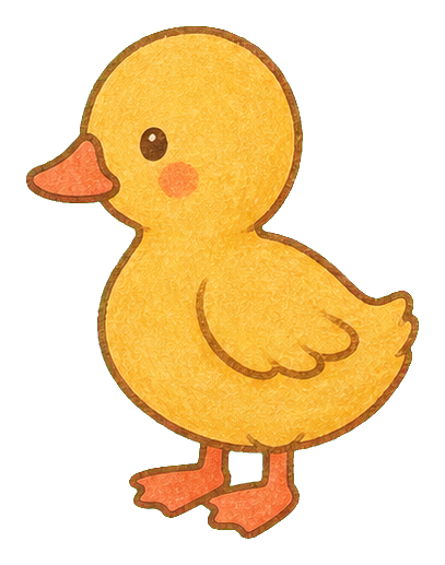 Golden duckling sticker with coral beak, wings, and feet in a folk art style.