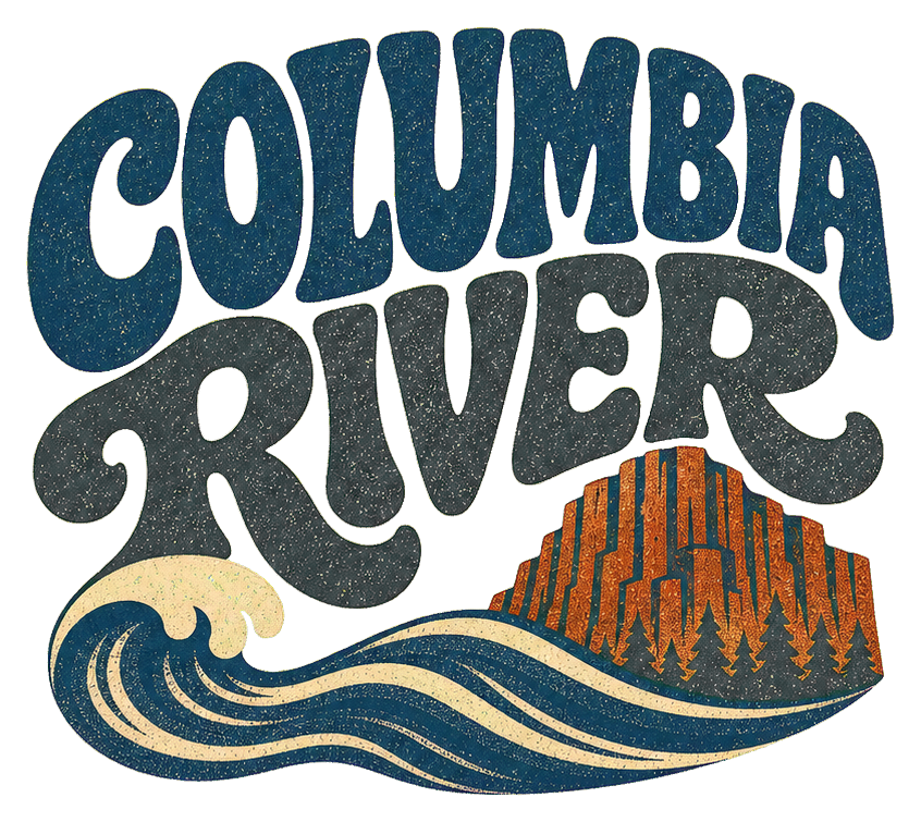 Retro Columbia River text sticker with waves and an orange mountain scene