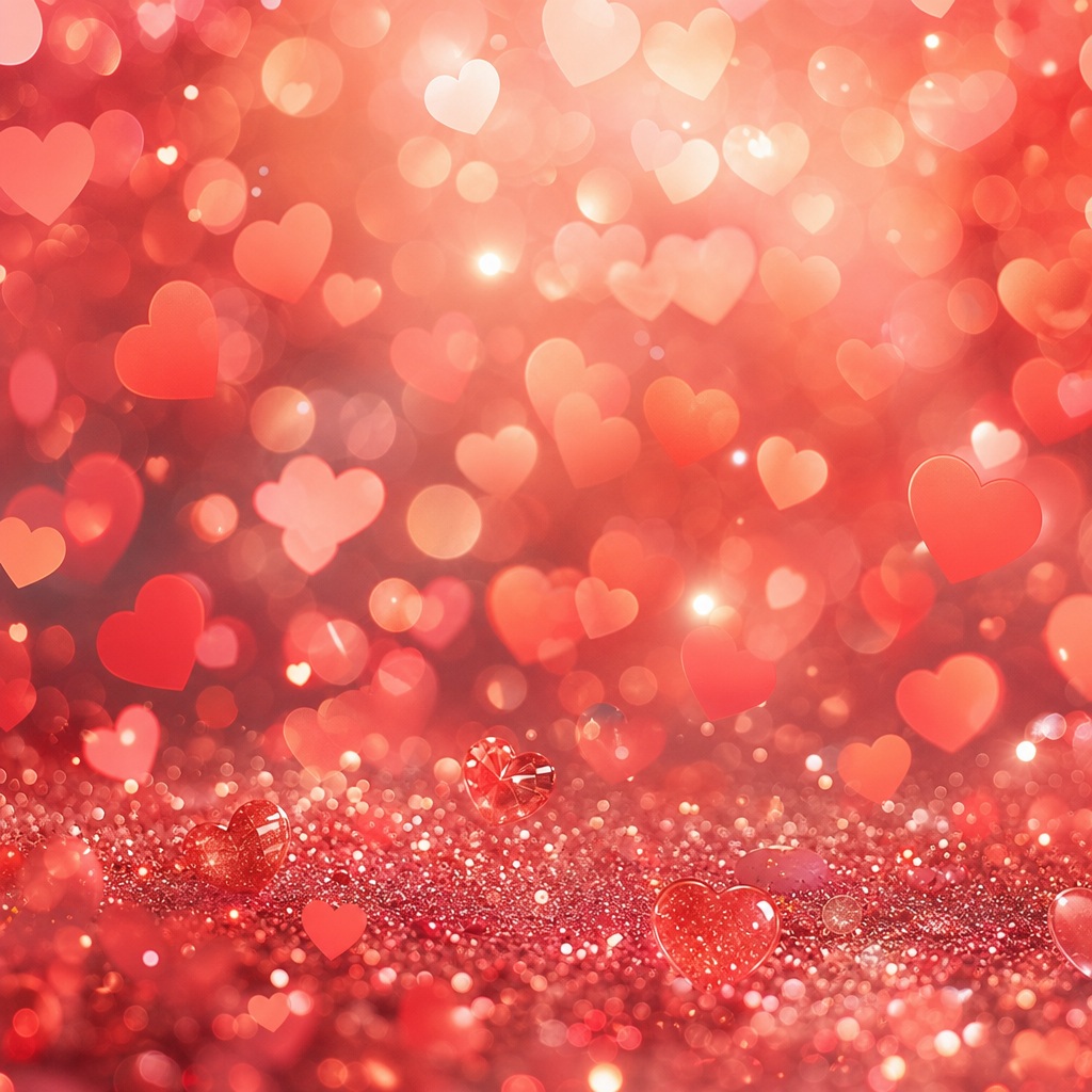 Coral heart-shaped bokeh lights glowing over a sparkling red background