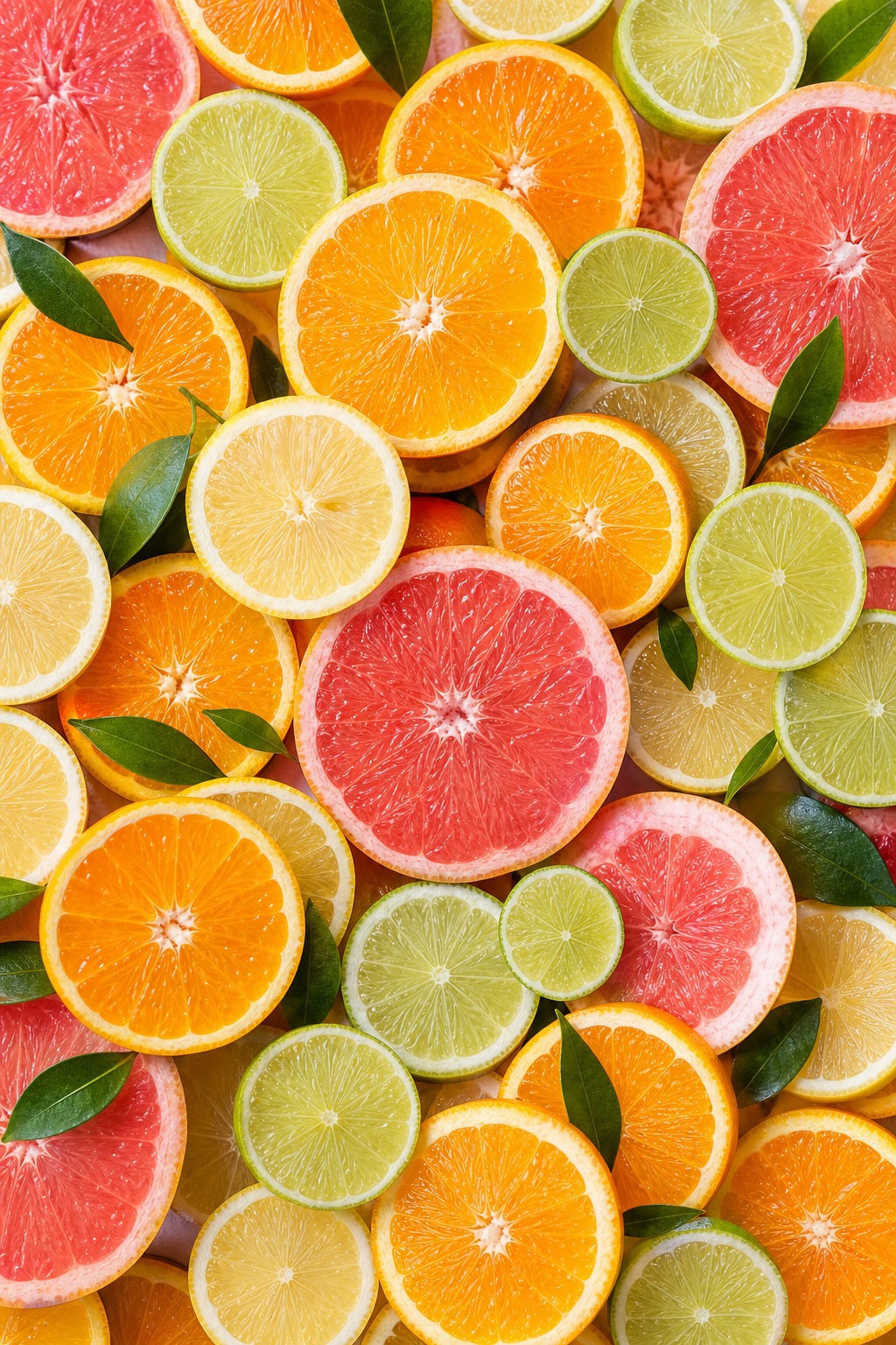 Overhead flatlay of sliced oranges, lemons, limes, and grapefruits on a soft lavender background
