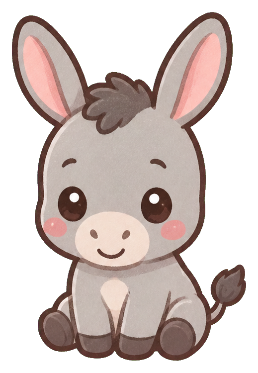 Cute gray donkey with pink cheeks, big ears, and a small smile