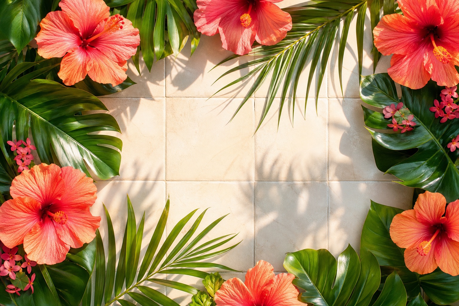 Pink hibiscus flowers and palm leaves framing a light tiled tropical background.