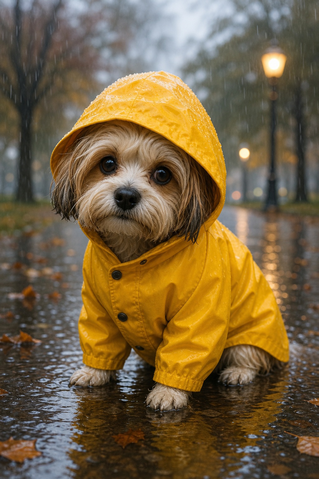 Small puppy in a yellow raincoat sitting in a rain puddle on a rainy path.