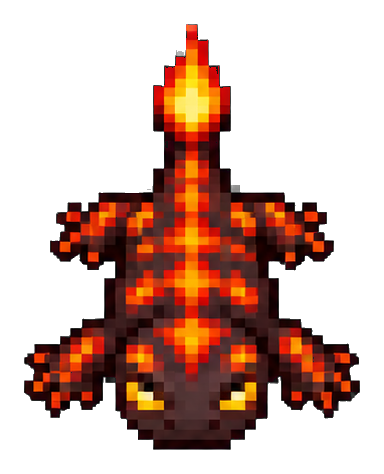 Pixel art lava salamander with glowing ember body and fiery head